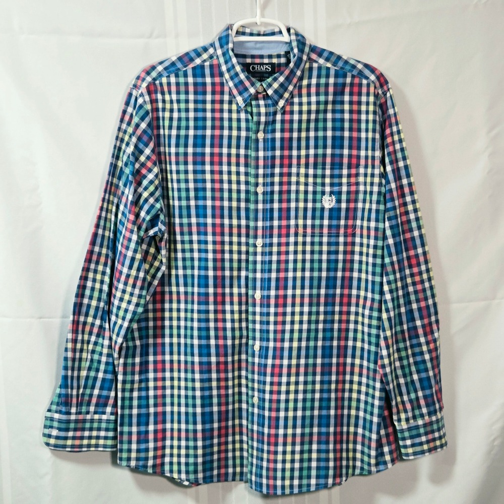 Chaps Button Down Shirt Mens L Deep Ocean Multi Plaid Easy Care Long Sleeve